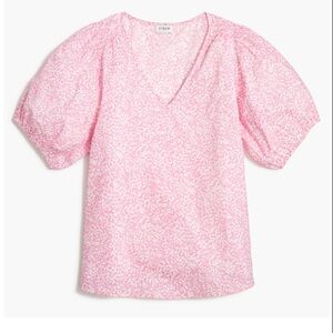 J. Crew | Cotton V-Neck Puff-Sleeve Floral Women Pink/White Blouse Large